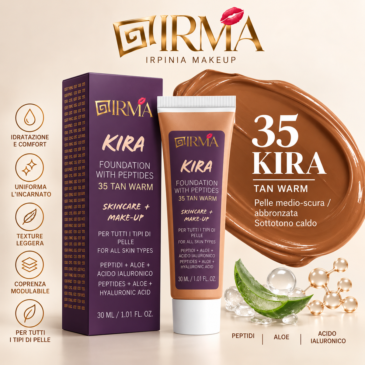 IRMA KIRA 35 — Fondotinta 35 Tan Warm | SKINCARE + MAKE-UP | Tutti i Tipi di Pelle | 30 ml