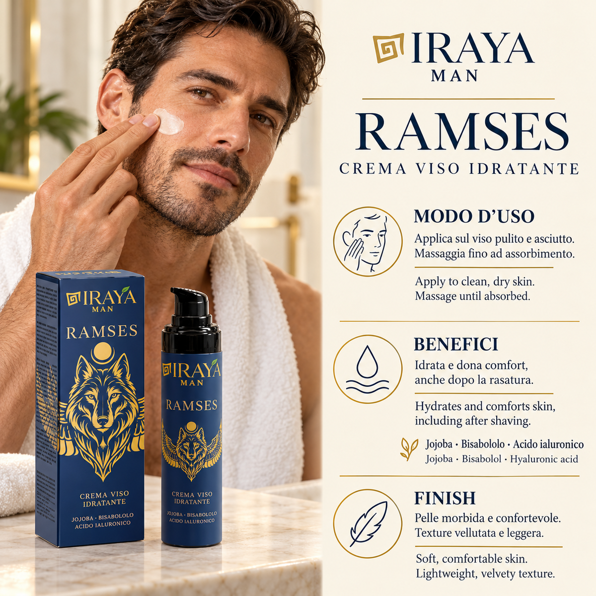 Crema Viso Uomo all’Acido Ialuronico per Pelle Normale e Secca, 50 ml RAMSES | IRAYA MAN