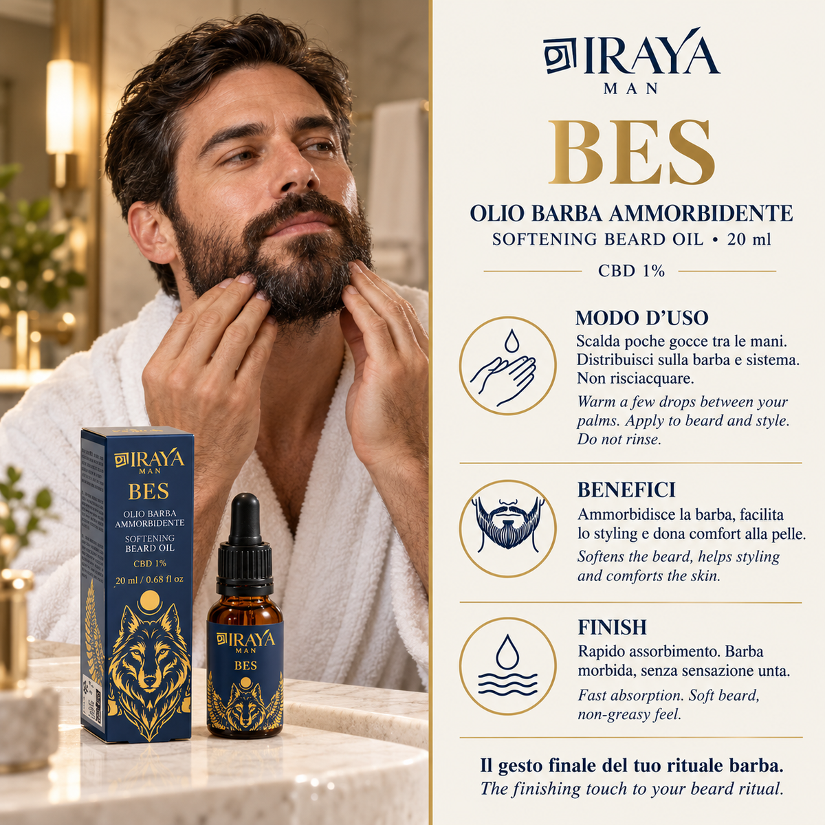 Olio Barba Ammorbidente con CBD 1% per Barba Ruvida e Difficile da Gestire, 20 ml BES | IRAYA MAN