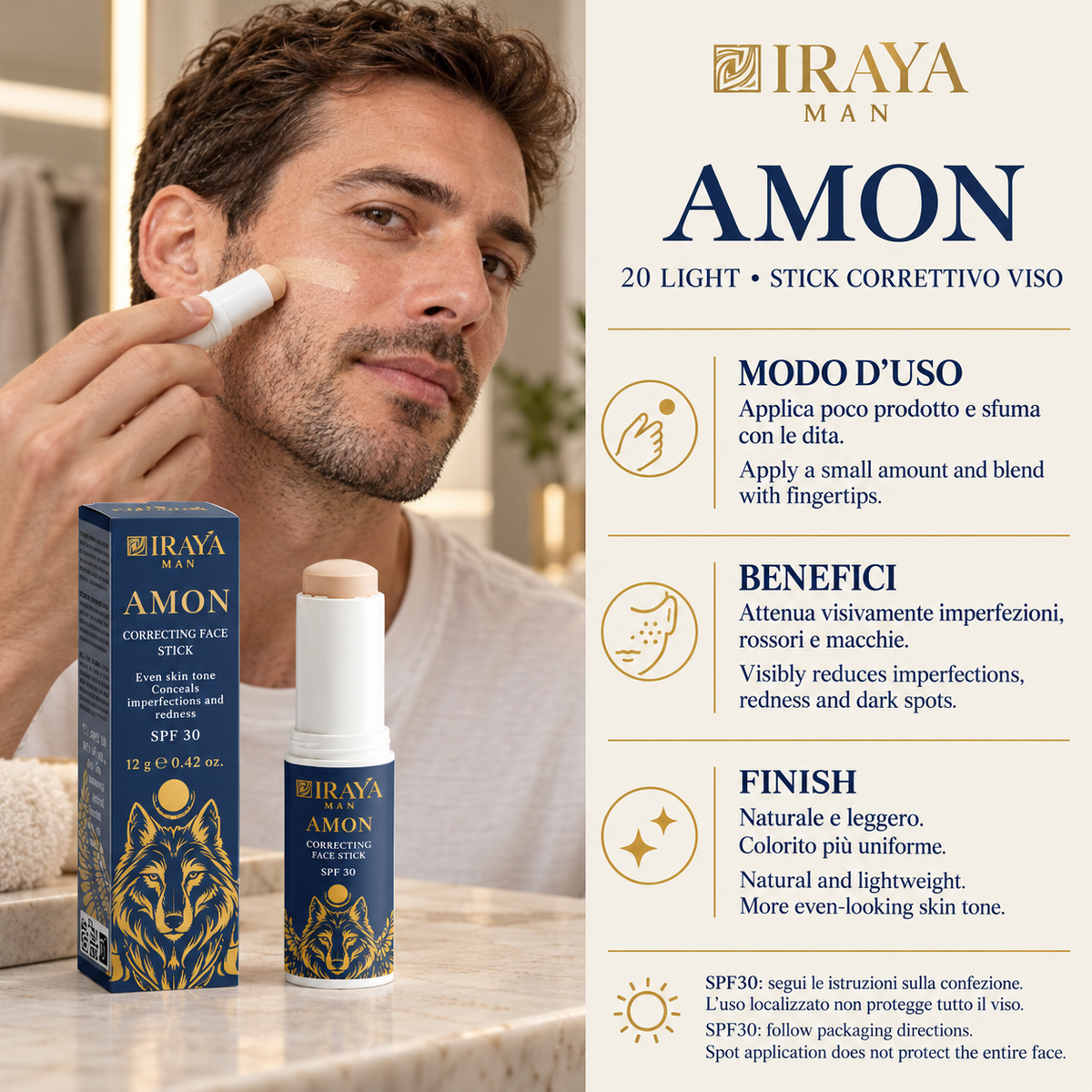 Stick Correttore Viso Uomo SPF30 per Imperfezioni, Rossori e Macchie, 20 Light, 12 g AMON | IRAYA MAN