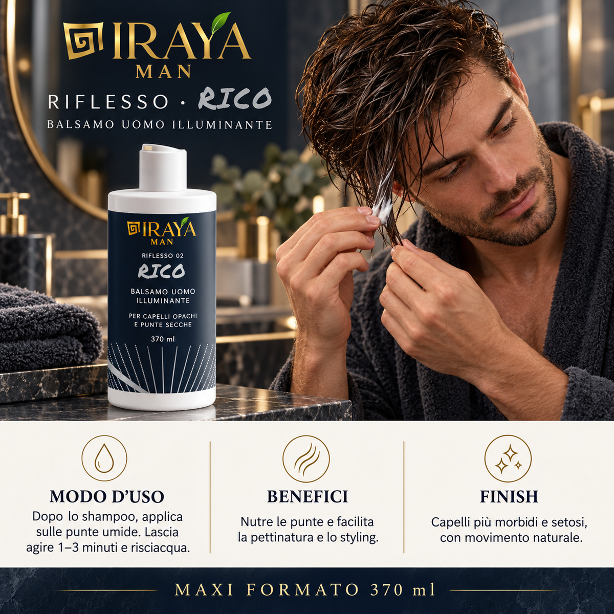 Balsamo Uomo Illuminante per Capelli Opachi e Punte Secche, Maxi Formato 370 ml RICO | IRAYA MAN
