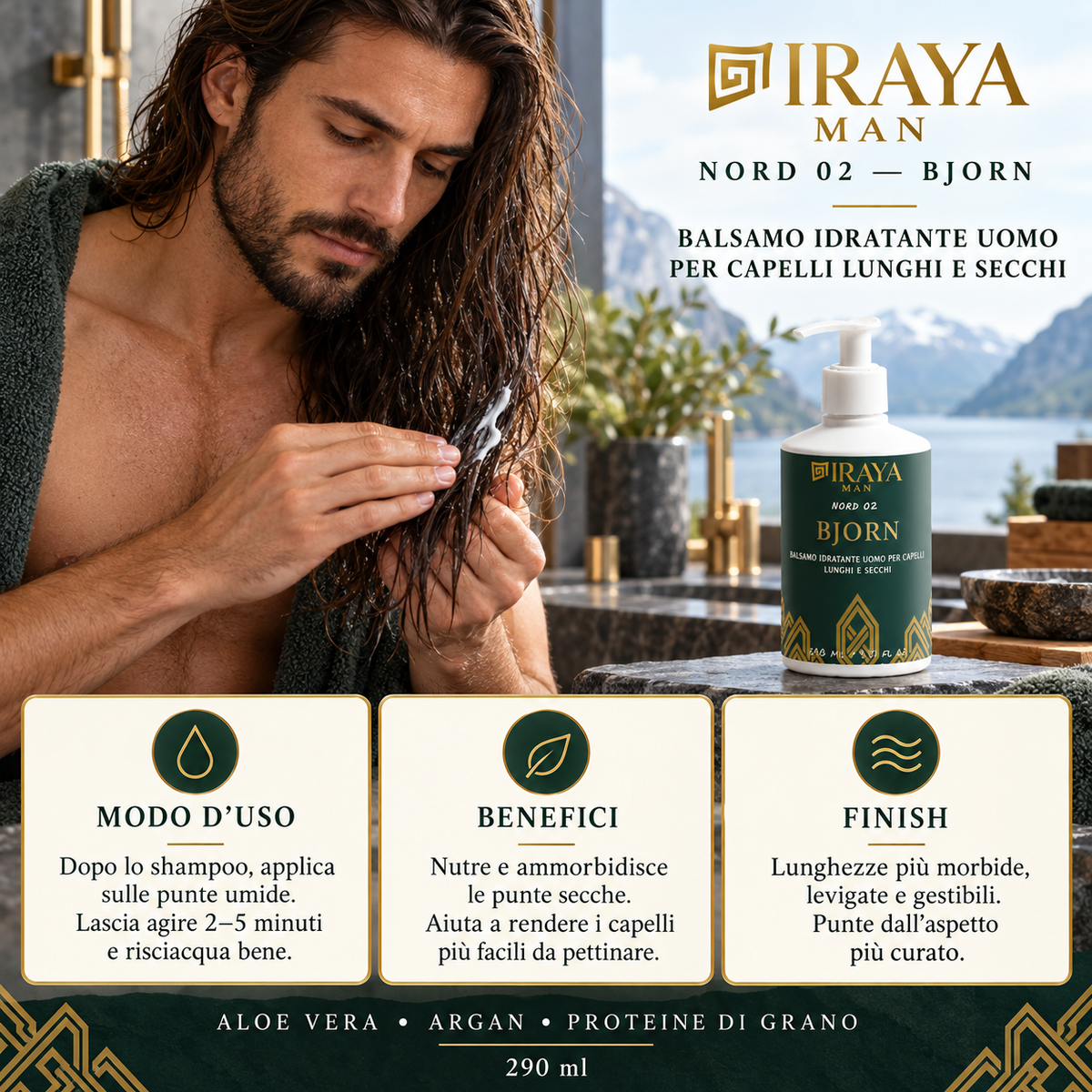 Balsamo Idratante Uomo per Capelli Lunghi e Secchi Districante 290 ml – BJORN | IRAYA MAN