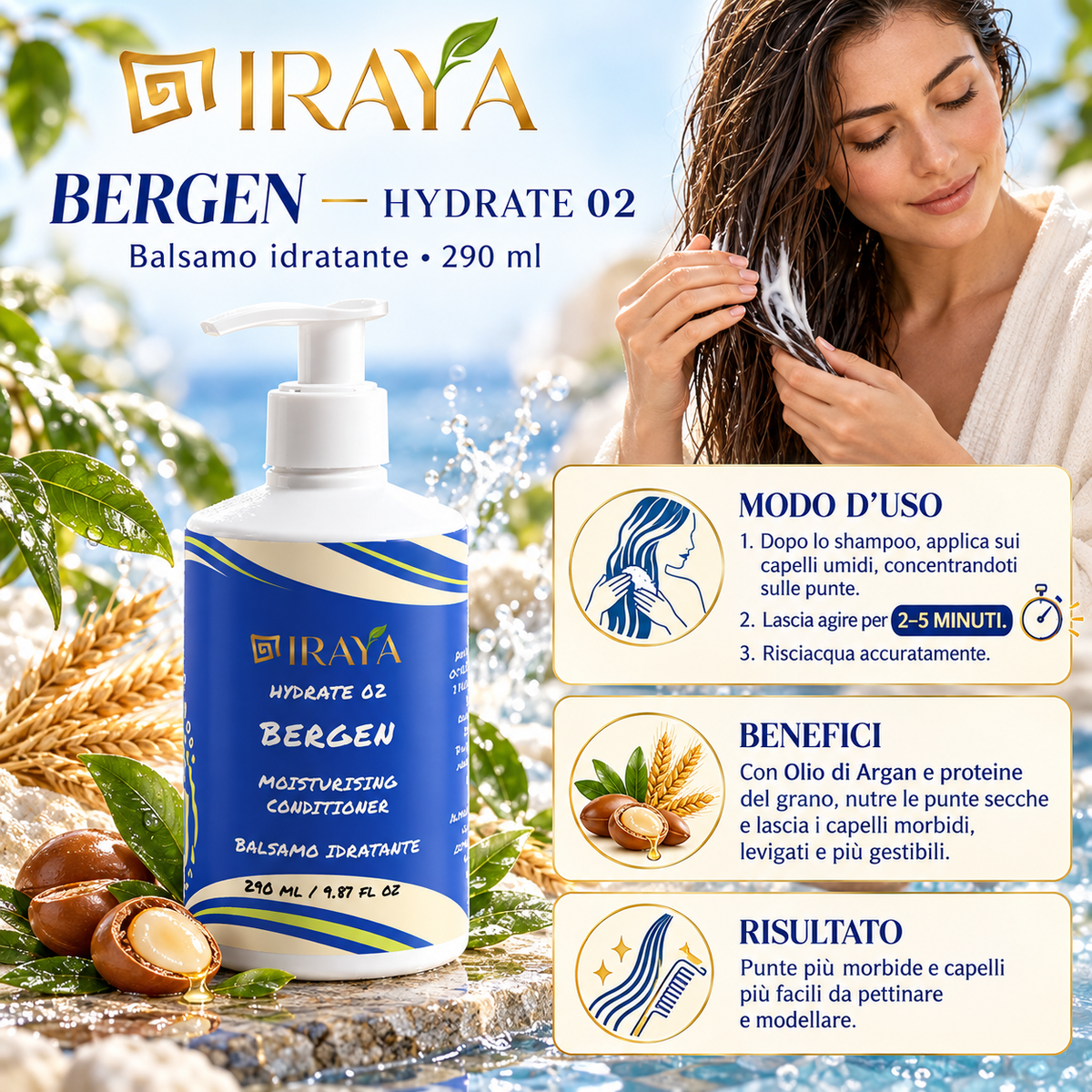 Balsamo idratante per capelli secchi 290 ml — BERGEN | IRAYA HYDRATE 290ml