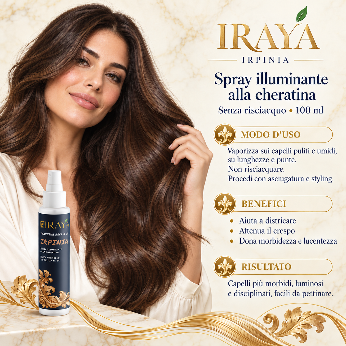 Spray capelli alla cheratina senza risciacquo anticrespo 100 ml — IRPINIA | IRAYA Cheratina Repair