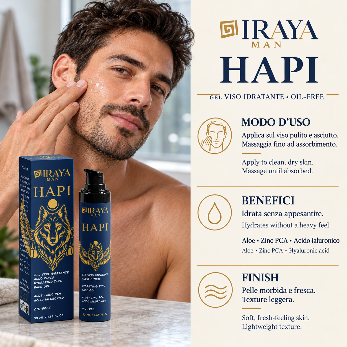 Gel Viso Uomo Idratante Oil-Free con Zinc PCA | 50 ml HAPI | IRAYA MAN