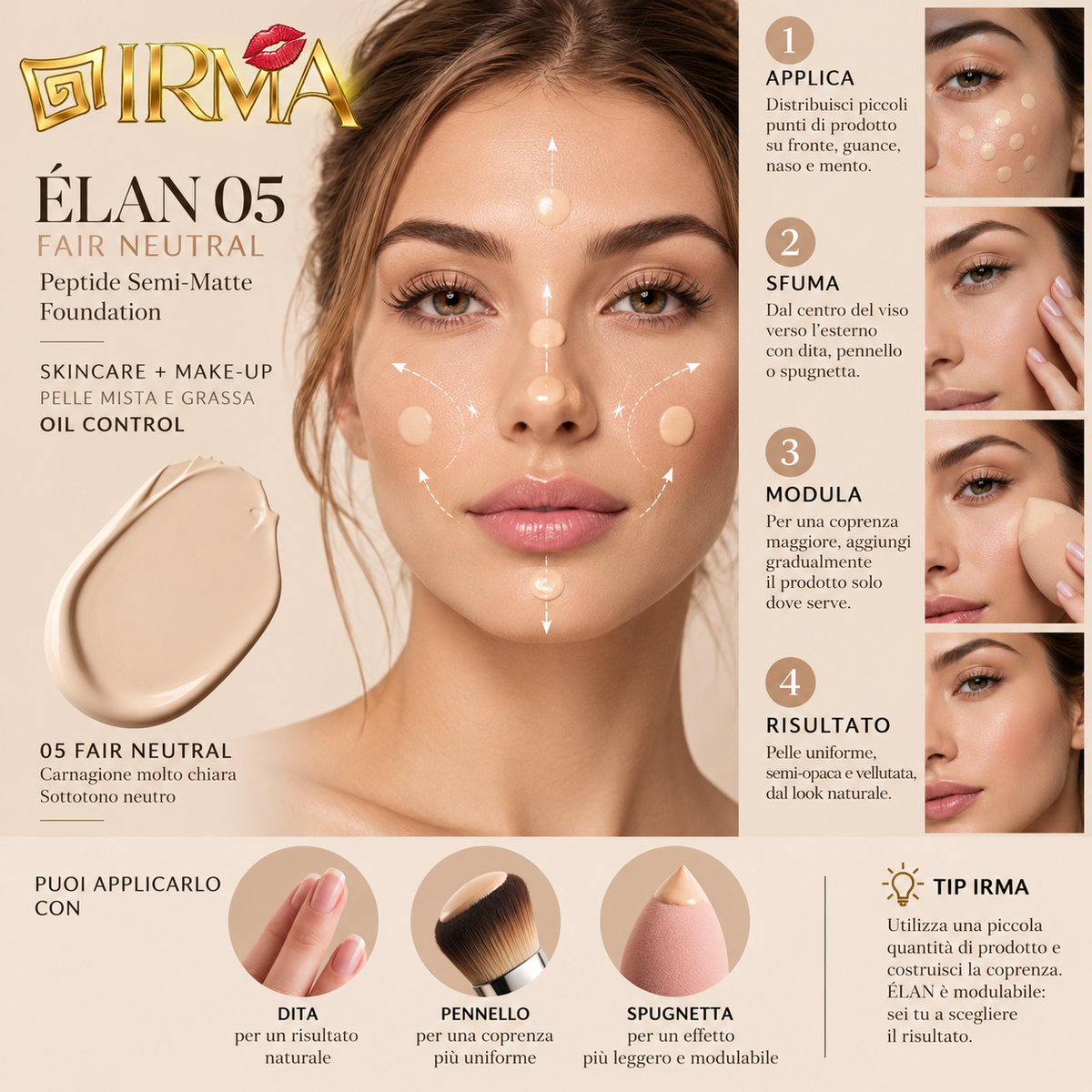 IRMA ÉLAN 05 — Peptide Semi-Matte Foundation 05 Fair Neutral | Skincare + Make-up | Pelle Mista e Grassa | Oil Control | 30 ml