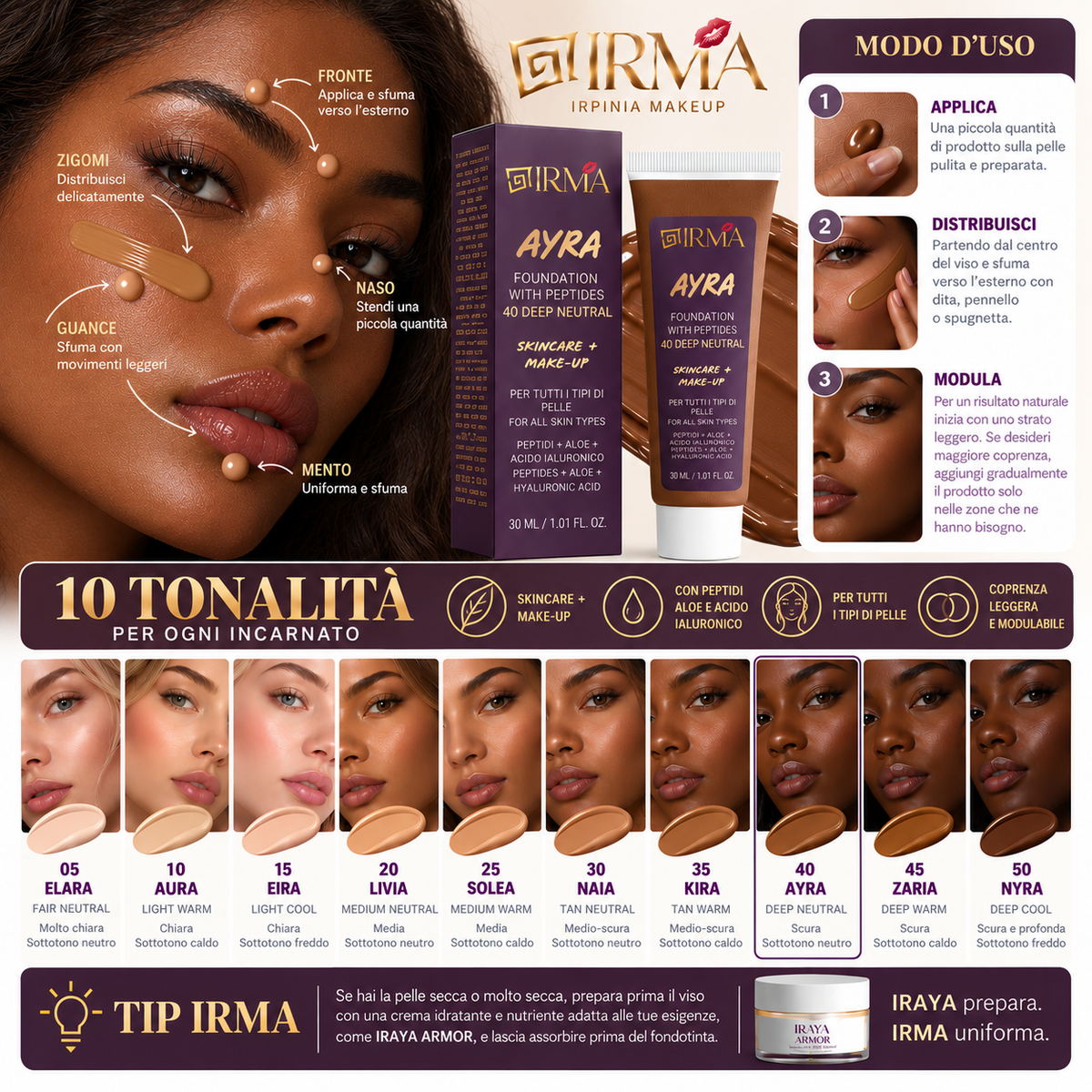 IRMA AYRA 40 — Fondotinta 40 Deep Neutral | SKINCARE + MAKE-UP | Tutti i Tipi di Pelle | 30 ml