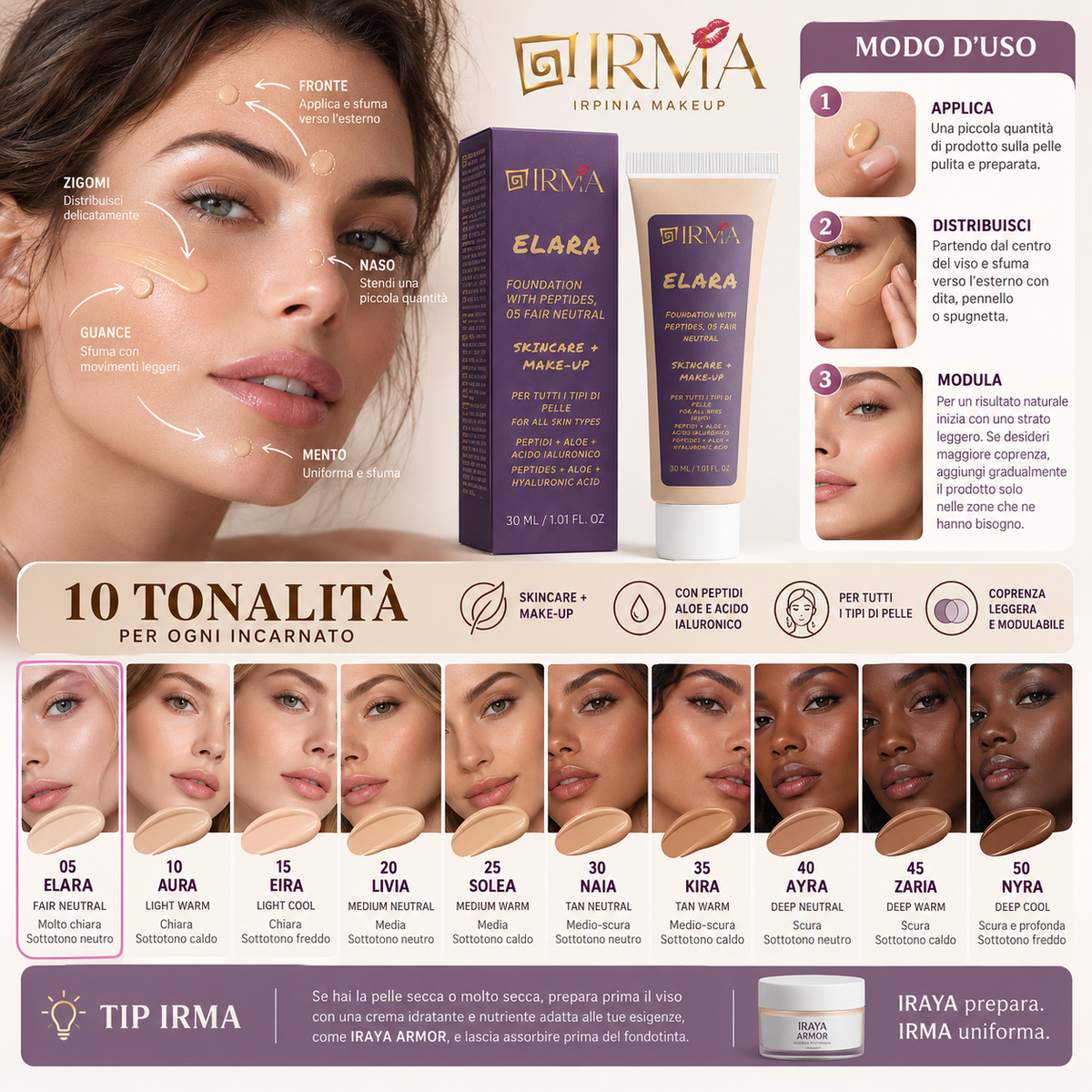 IRMA ELARA 05 — Fondotinta 05 Fair Neutral | SKINCARE + MAKE-UP | Tutti i Tipi di Pelle | 30 ml