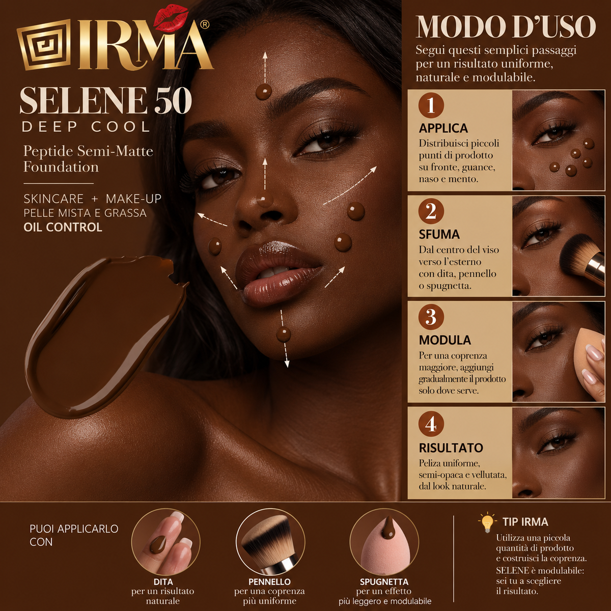 IRMA SELENE 50 — Peptide Semi-Matte Foundation 50 Deep Cool | SKINCARE + MAKE-UP | PELLE MISTA E GRASSA | OIL CONTROL | 30 ml
