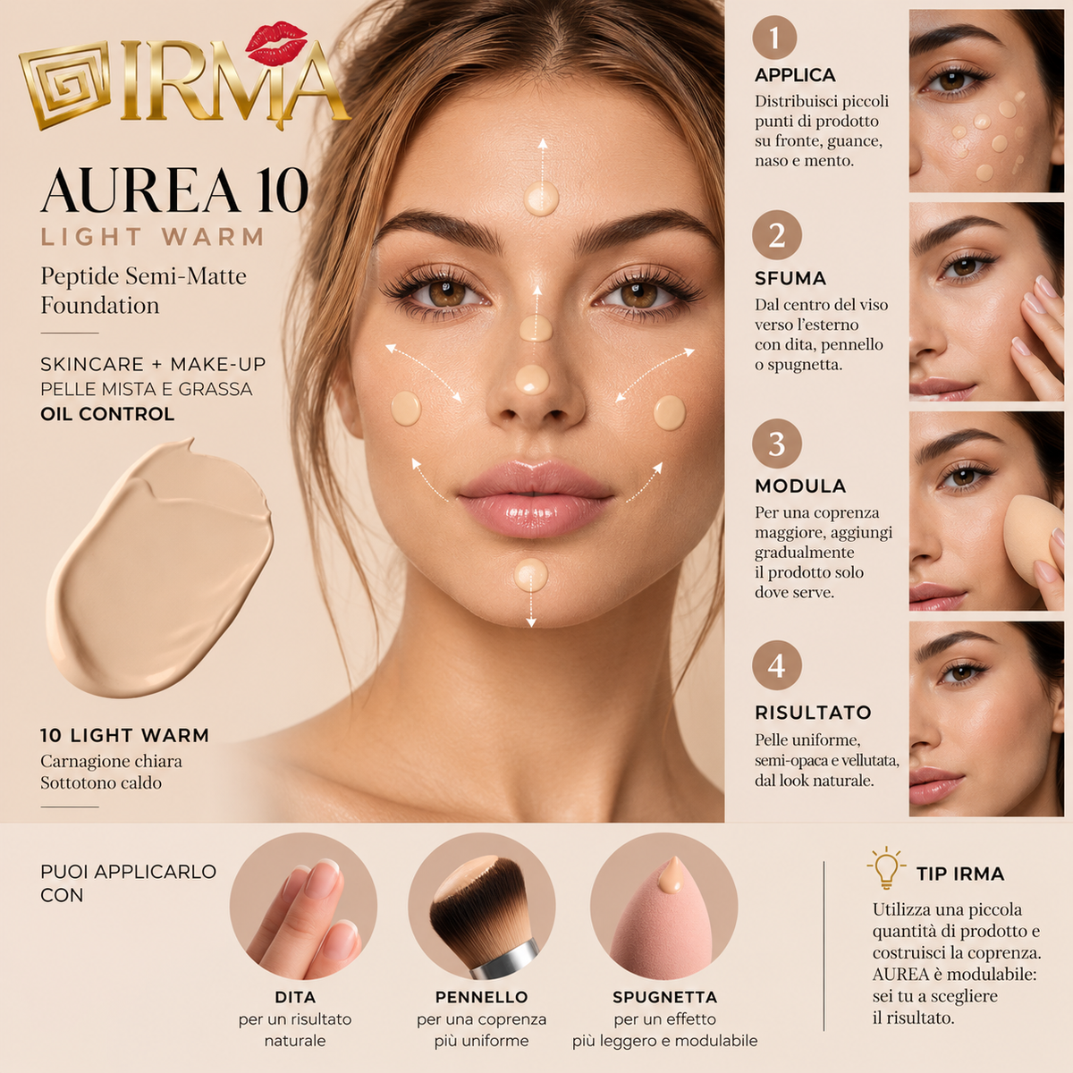 IRMA AUREA 10 — Peptide Semi-Matte Foundation 10 Light Warm | SKINCARE + MAKE-UP | PELLE MISTA E GRASSA | OIL CONTROL | 30 ml