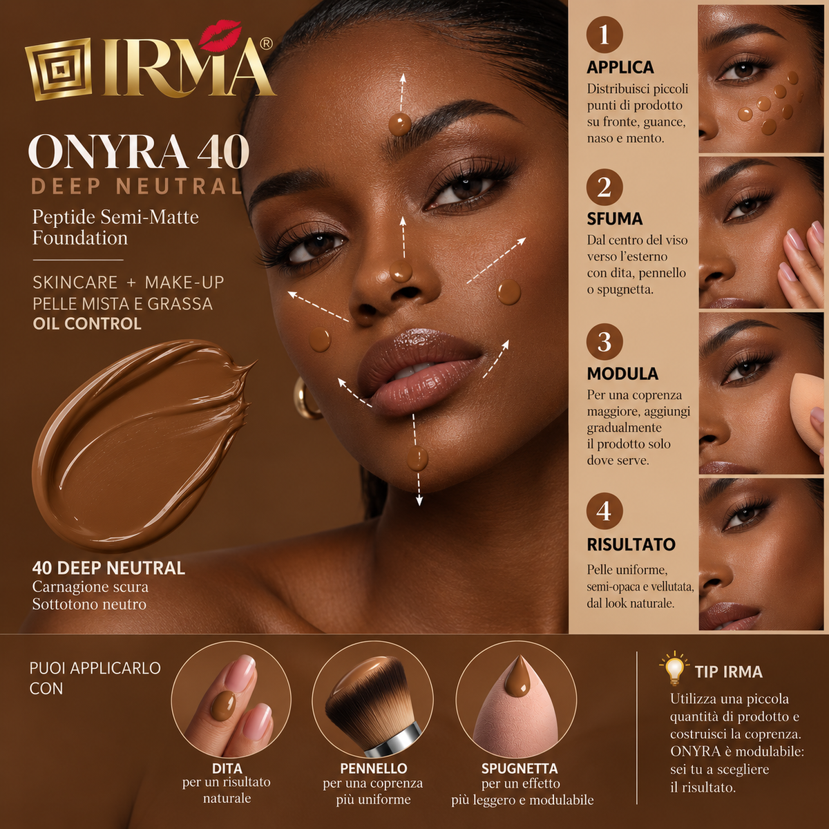 IRMA ONYRA 40 — Peptide Semi-Matte Foundation 40 Deep Neutral | SKINCARE + MAKE-UP | PELLE MISTA E GRASSA | OIL CONTROL | 30 ml