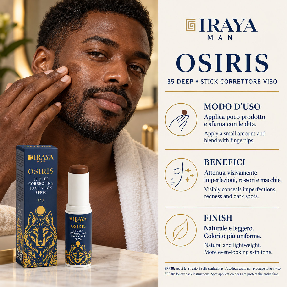 Stick Correttore Viso Uomo SPF30 per Imperfezioni, Rossori e Macchie, 35 Deep, 12 g OSIRIS | IRAYA MAN