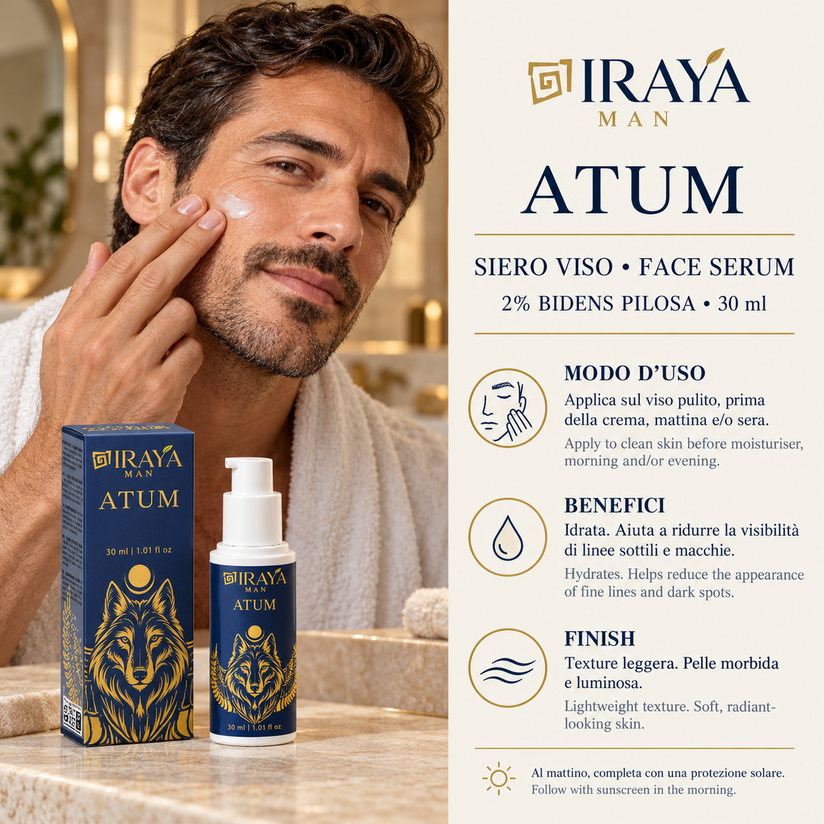 Siero Viso Uomo con Alternativa Vegetale al Retinolo per Linee Sottili e Macchie, 30 ml ATUM | IRAYA MAN