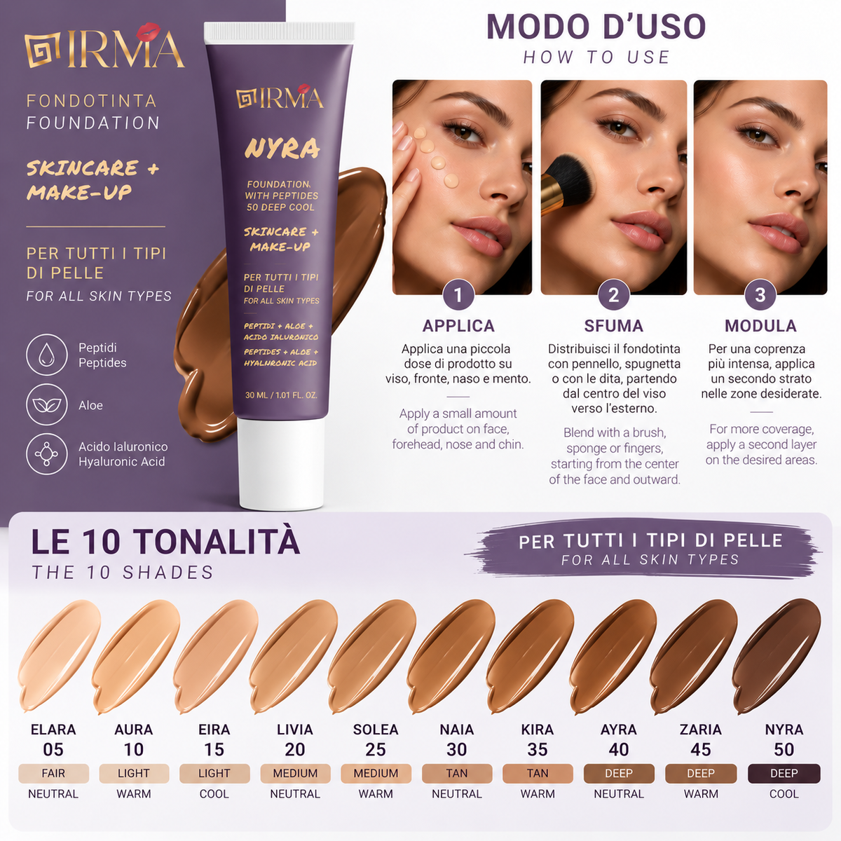IRMA NYRA 50 — Fondotinta Deep Cool | SKINCARE + MAKE-UP | Tutti i Tipi di Pelle | 30 ml