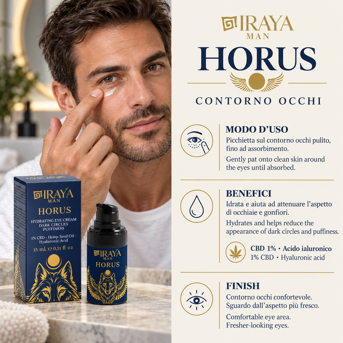 Contorno Occhi Uomo per Occhiaie e Gonfiori con CBD 1% e Acido Ialuronico HORUS | IRAYA MAN