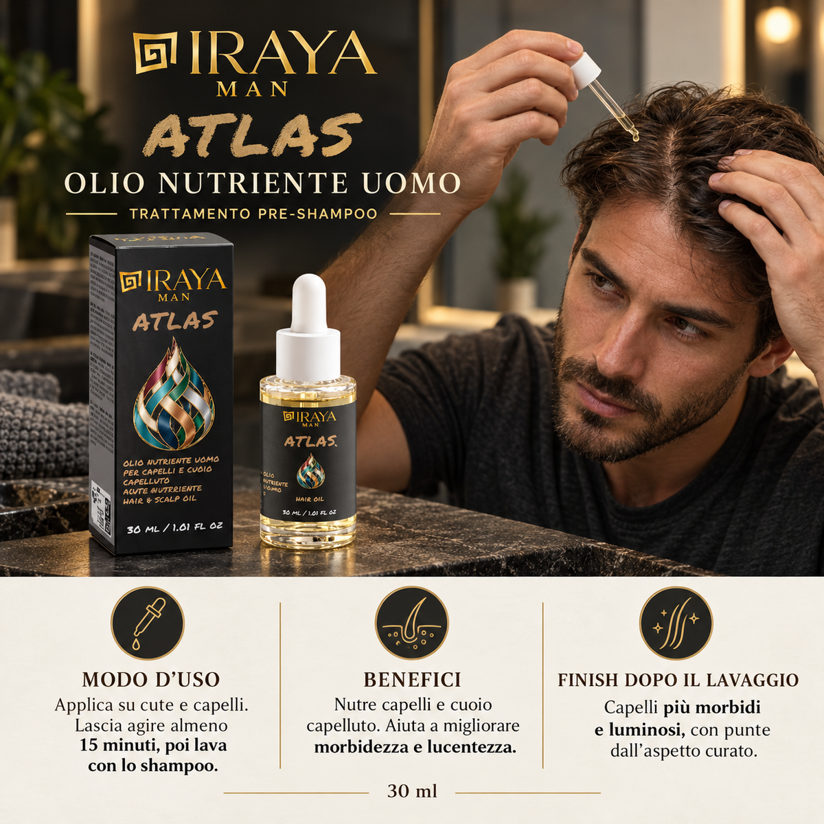 Olio Capelli Uomo al Rosmarino per Capelli Secchi e Fragili, Trattamento Pre-Shampoo, 30 ml ATLAS | IRAYA MAN