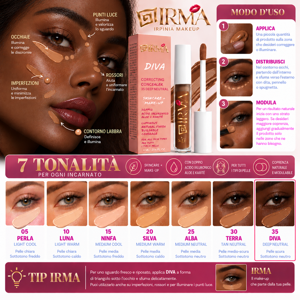 IRMA DIVA 35 — Correcting Concealer 35 Deep Neutral | SKINCARE + MAKE-UP | TUTTI I TIPI DI PELLE | 4 ml