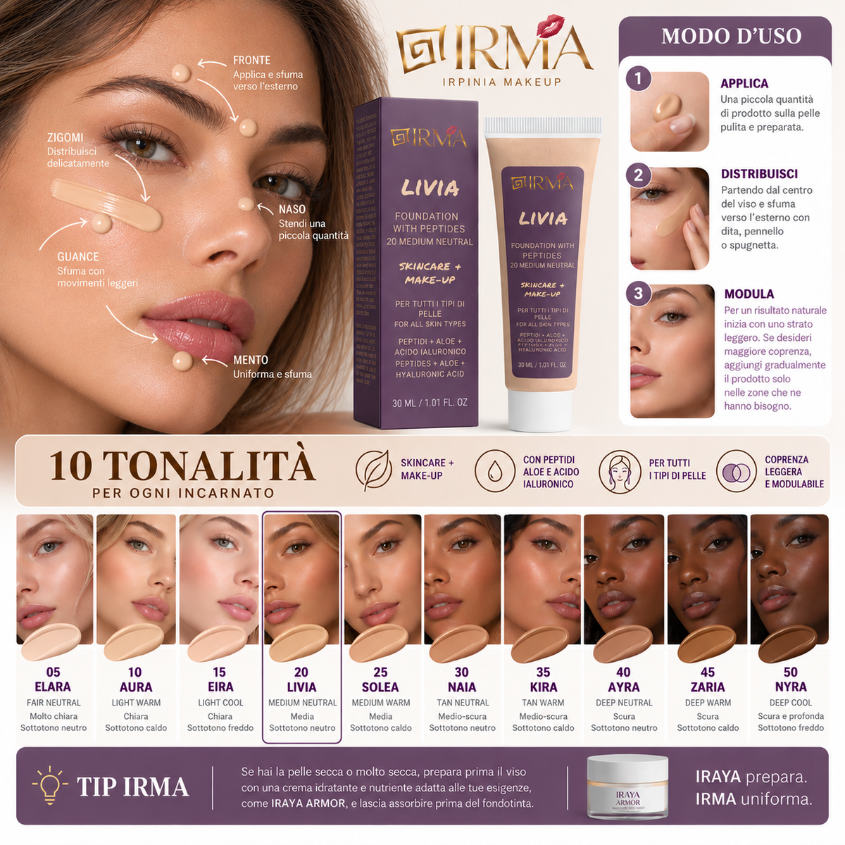 IRMA LIVIA 20 — Fondotinta 20 Medium Neutral | SKINCARE + MAKE-UP | Tutti i Tipi di Pelle | 30 ml