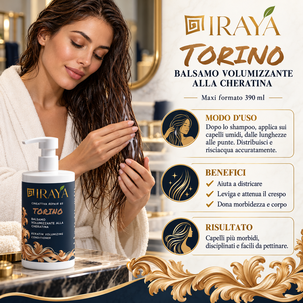 Balsamo volumizzante alla cheratina anticrespo 390 ml — TORINO | IRAYA Cheratina Repair