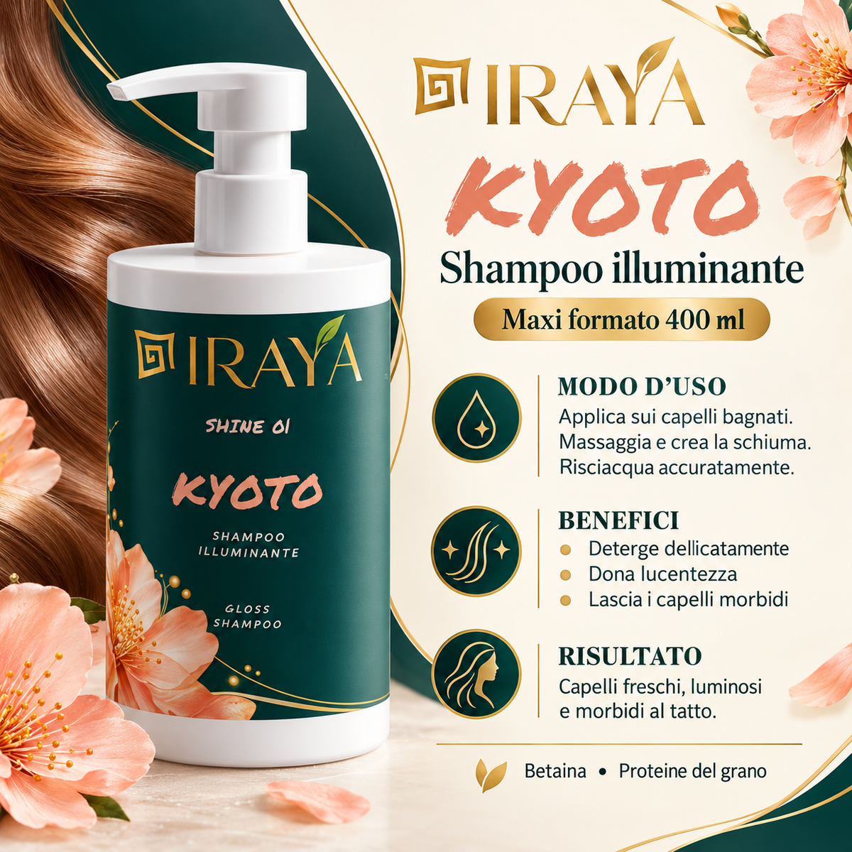 Shampoo illuminante per capelli spenti 400 ml — KYOTO | IRAYA SHINE Lucentezza e morbidezza • Betaina e Proteine del Grano • Maxi formato 400ml