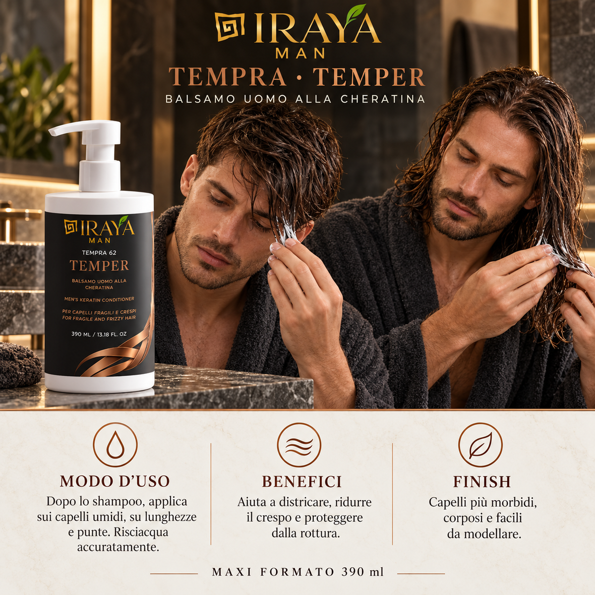 Balsamo Uomo alla Cheratina per Capelli Fragili e Crespi, Maxi Formato 390 ml  TEMPER | IRAYA MAN