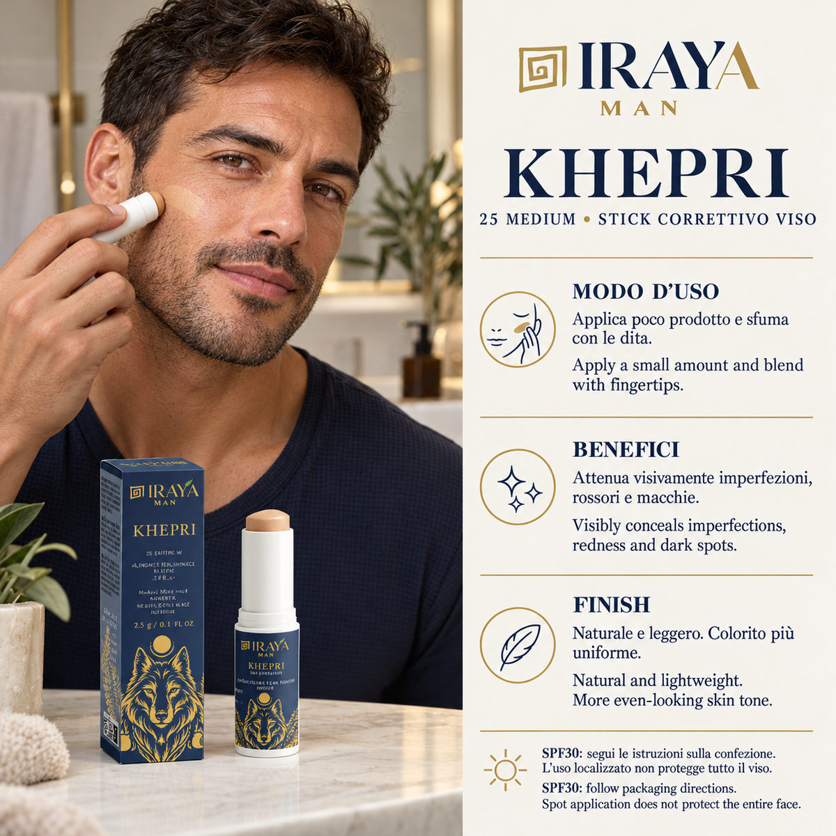 Stick Correttore Viso Uomo SPF30 per Imperfezioni, Rossori e Macchie, 25 Medium, 12 g KHEPRI | IRAYA MAN