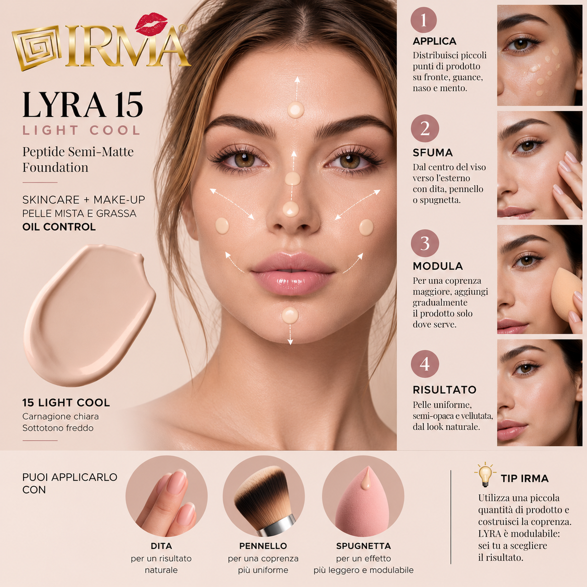 IRMA LYRA 15 — Peptide Semi-Matte Foundation 15 Light Cool | SKINCARE + MAKE-UP | PELLE MISTA E GRASSA | OIL CONTROL | 30 ml