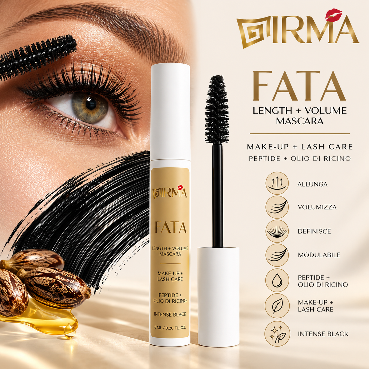 IRMA FATA — Mascara Allungante e Volumizzante con Peptide e Olio di Ricino | 6 ml