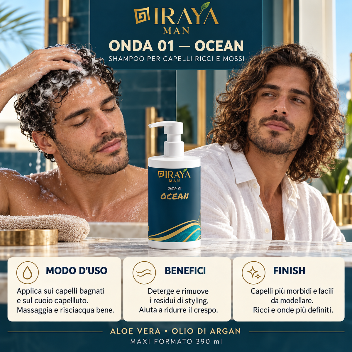 OCEAN – Shampoo Uomo Capelli Ricci e Mossi Anticrespo 390 ml | IRAYA MAN
