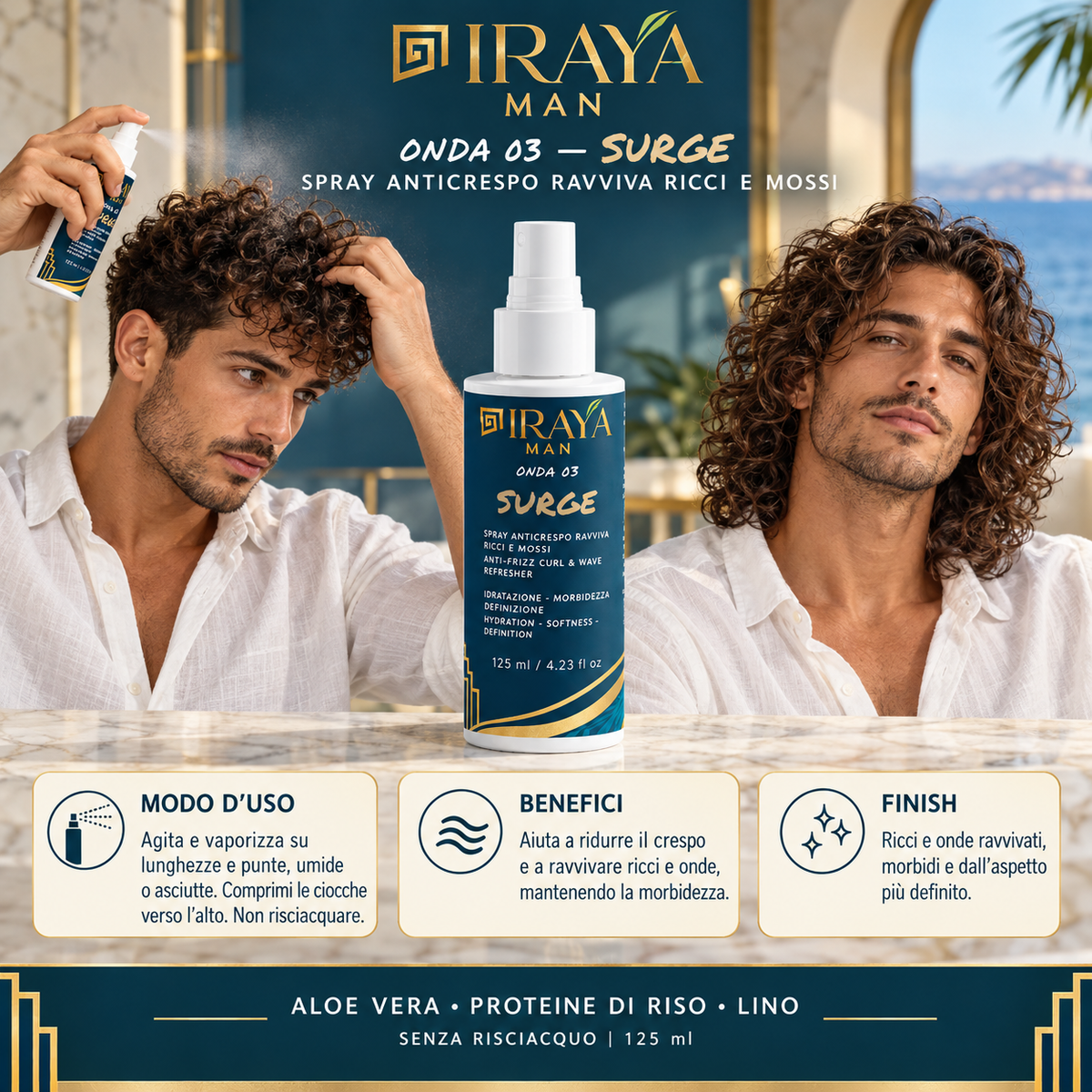 Spray Ravviva Ricci Uomo Anticrespo per Capelli Ricci e Mossi 125 ml – SURGE | IRAYA MAN
