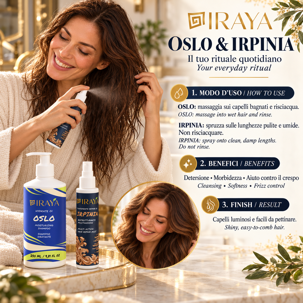 Cofanetto Regalo Capelli OSLO & IRPINIA | Shampoo Idratante 290 ml + Spray Cheratina 100 ml | IRAYA