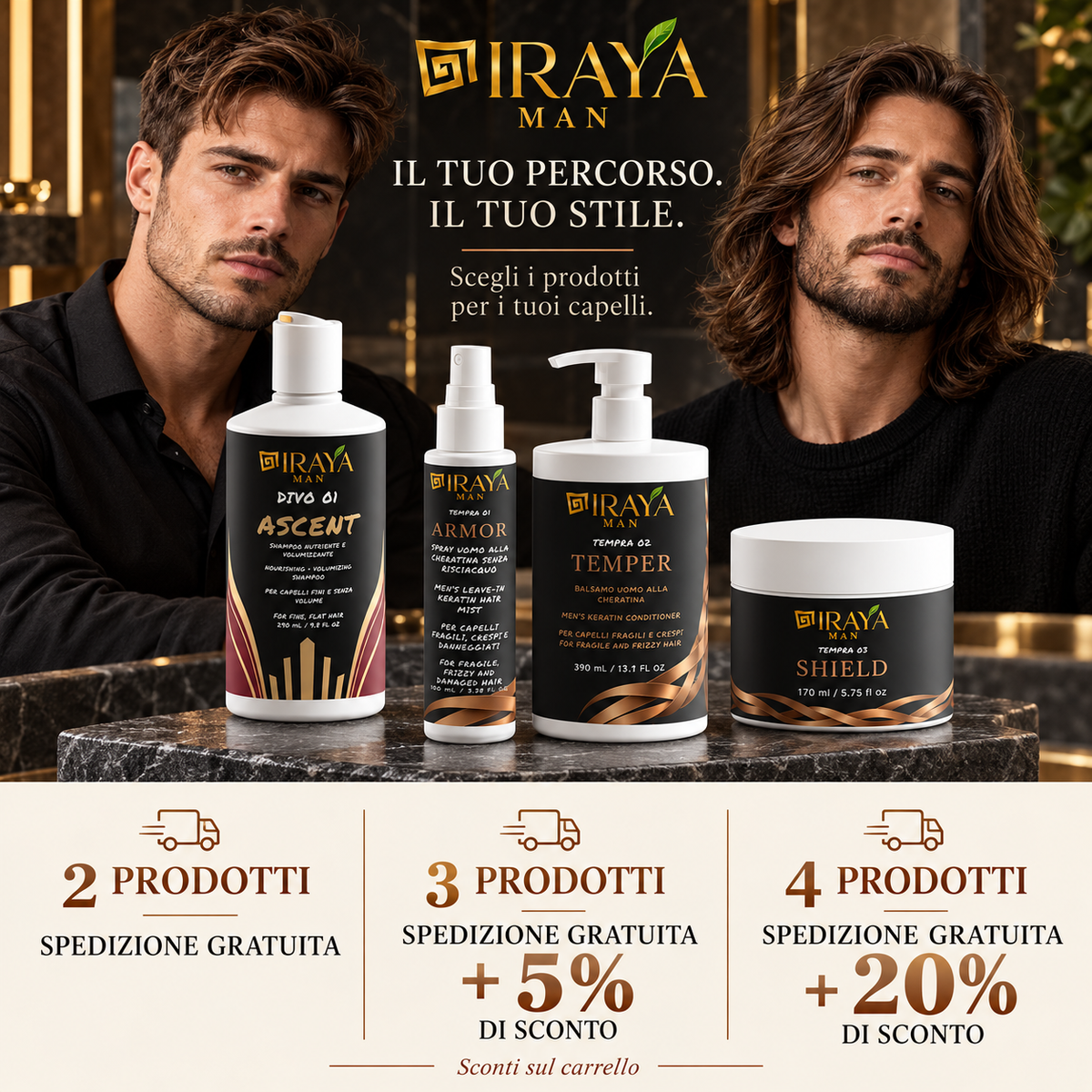 Spray Uomo alla Cheratina Senza Risciacquo per Capelli Fragili e Crespi, 100 ml ARMOR | IRAYA MAN