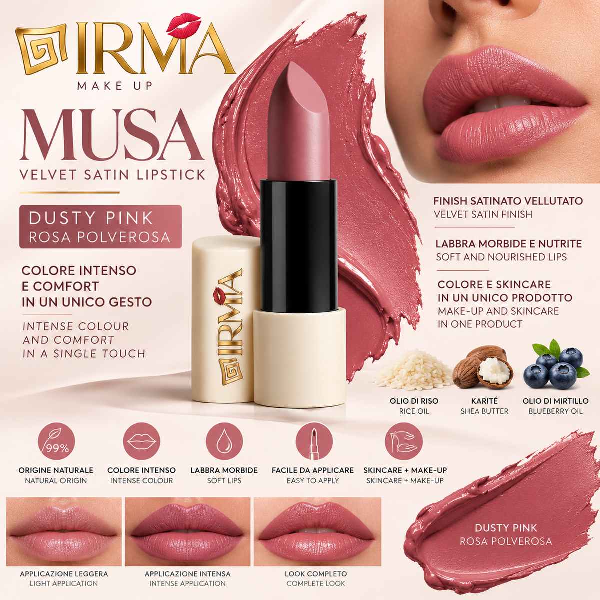 IRMA MUSA — Rossetto Satinato / Velvet Satin Lipstick | Rosa Polverosa – Dusty Pink | 4 g