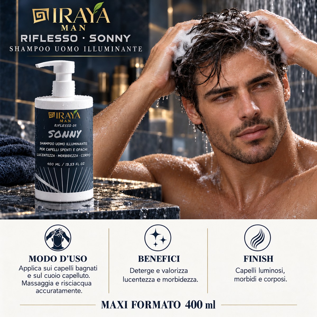 Shampoo Uomo Illuminante per Capelli Spenti e Opachi, Maxi Formato 400 ml SONNY | IRAYA MAN