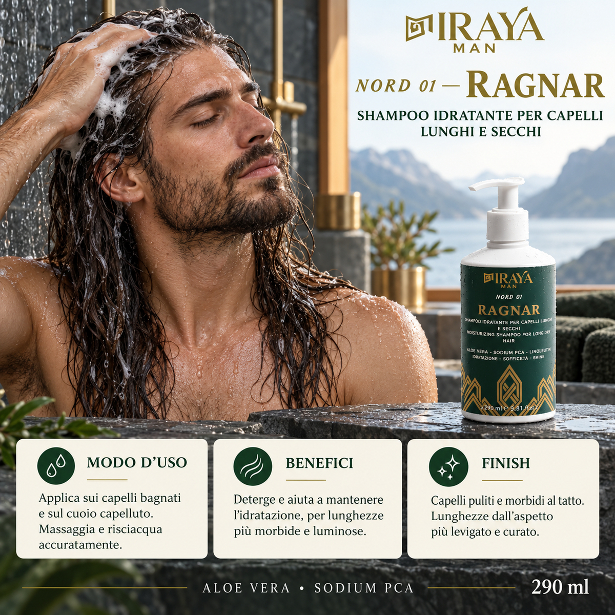 Shampoo Idratante Uomo per Capelli Lunghi e Secchi 290 ml – RAGNAR | IRAYA MAN