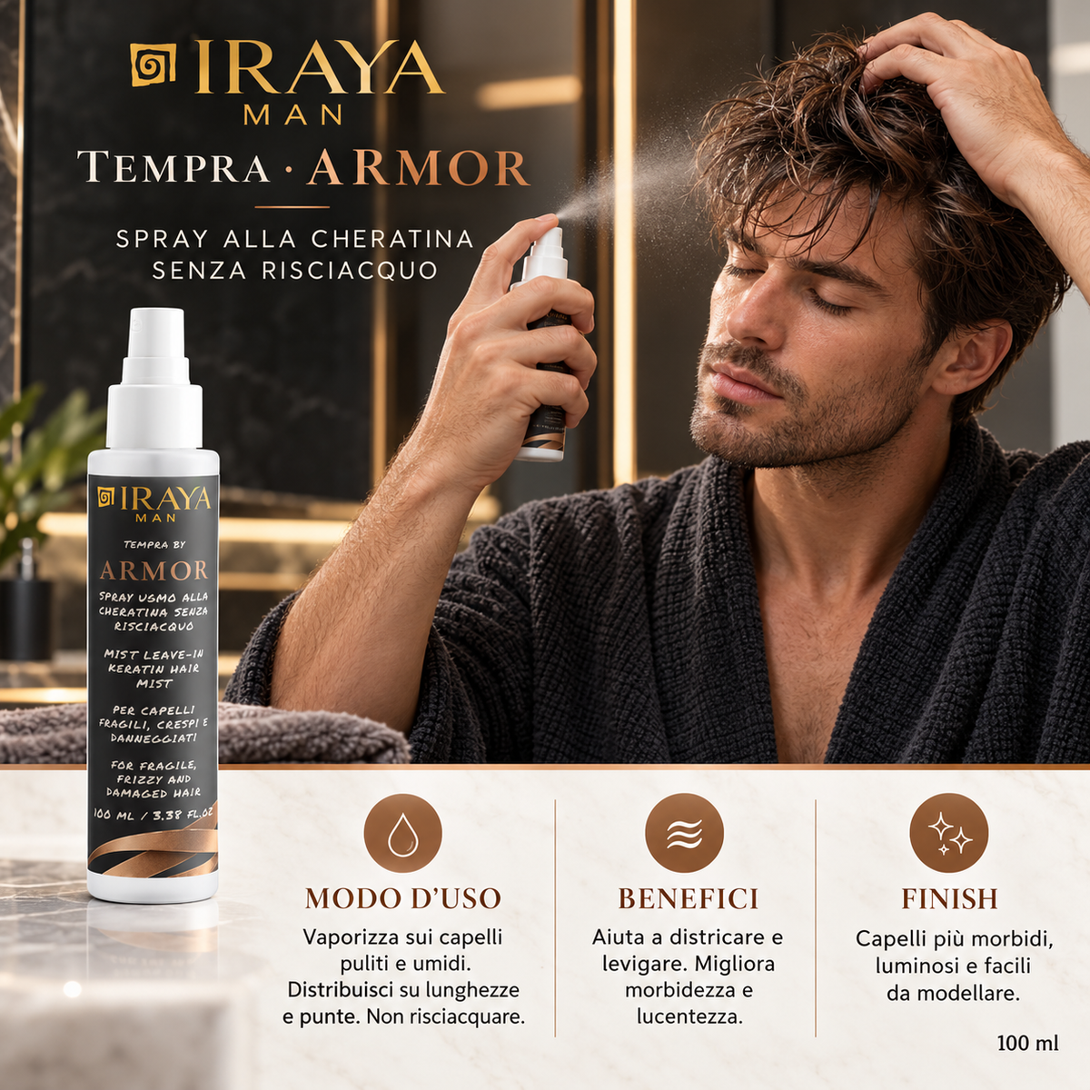 Spray Uomo alla Cheratina Senza Risciacquo per Capelli Fragili e Crespi, 100 ml ARMOR | IRAYA MAN